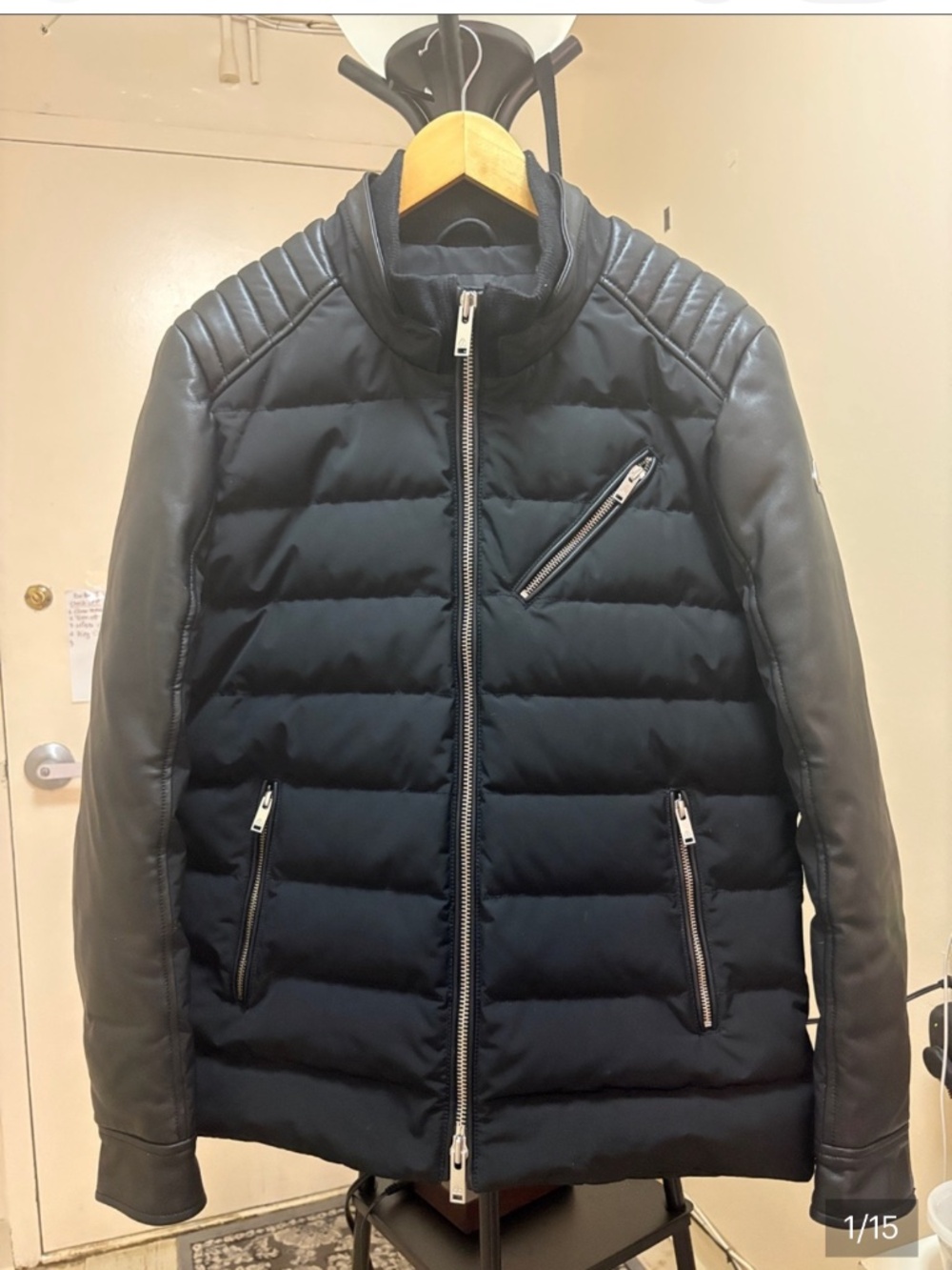 MOOSE KNUCKLE MEN'S BLACK QUILTED PUFFER JACKET WITH LEATHER SLEEVES SIZE M